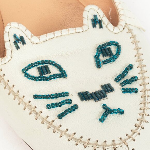 Charlotte Olympia Kitty White Leather Beaded Fringe Flats - Picture 8 of 10